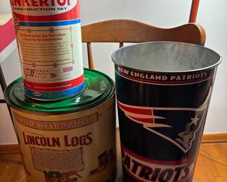 Tinker Toy & Lincoln Logs games; NE Patriots basket 