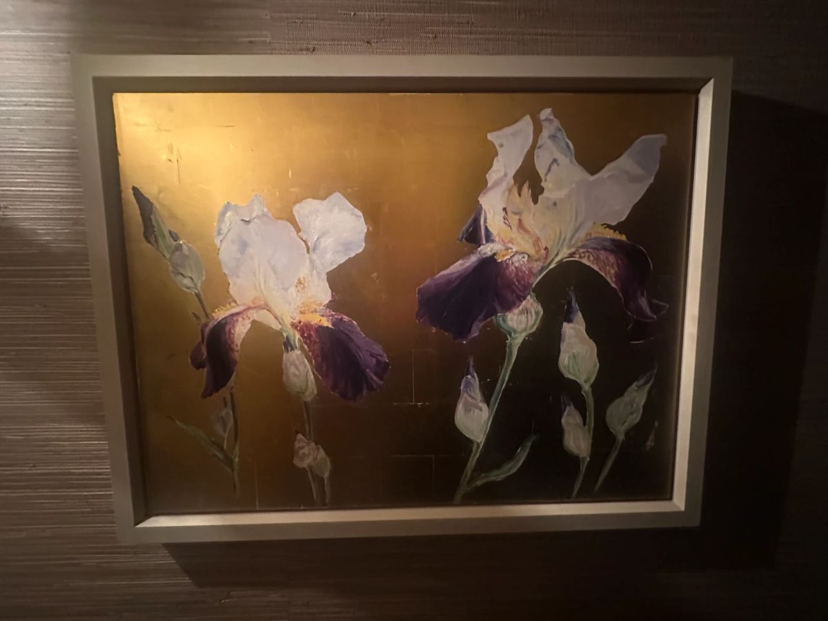Purple Irises on Gold Leaf by Katherine Cook. Accompanied by a certificate of authenticity and a thank you letter from the artist.  Sold to collector in 2016