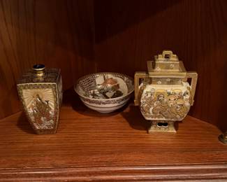 Japanese Satsuma Bowl from the collection of a Turkish Ambassador to Japan circa 1910 (according to documentation I have, but do  not hold us to this).  Depicts 3 scenic pictures inside the bowl, an urn depicting the 8 immortals, and a vase with figural panels. 