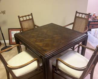 38 x 38 Lane Altavista parsons table, with 4 cane back chairs on casters.