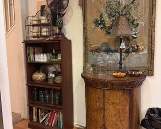 Vintage stoneware, Vintage mason jars, Vintage collectible spice jars, cookbooks, lamp, rounded painted side table, decorative fan, heavy duty, vintage tapestry