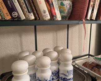 flatware, cookbooks, vintage spice porcelain set, vintage bakers rack