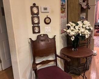 Signed artwork, antique chair, barometer