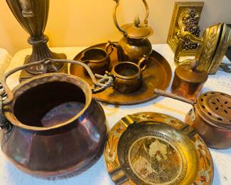 copper pot, serving pieces, and coffee set