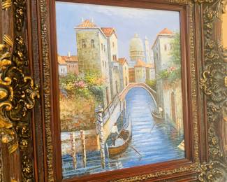 Venice Canal scene--mixed media with ornate frame