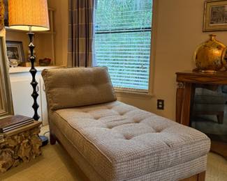 Mid-century modern chaise lounge with tufted beige plaid upholstery and walnut wood base. Excellent condition!