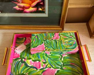 Lilly Pulitzer lacquer serving tray and Too Much is Never Enough jewelry box in "Painted Palm" design.