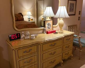 French Provincial bedroom set: king bed w/mattress and headboard, nightstand, tall dresser and long dresser w/mirror