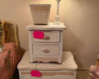 White wicker chest, nightstand and wastebasket