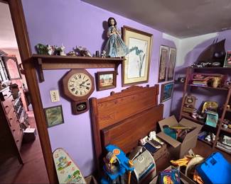 Purple bedroom. View 1. Please ask for shelf on wall /screwdriver.  Eastlake headboard, footboard