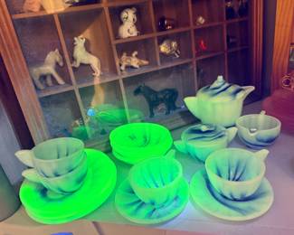 Akro Agate Slag Glass Blue Swirl Child's Tea Set - Glow Glass - Uranium