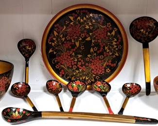 PAINTED RUSSIAN BOWLS PLATTER SPOONS