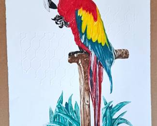 LARGE PARROT EMBOSSED ART PRINT SIGNED 