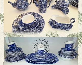 Blue & White Calico Crownford China Co. Staffordshire England 81 pieces