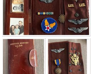 Service Honors leather pouch with sterling aviator wings and medals, pins, and patches sold as a lot.