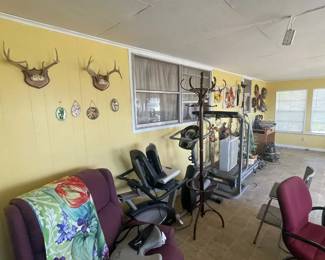 Rosenberg Estate Sale offering a sunroom packed with exercise equipment, decorative wall pieces, and assorted household items.