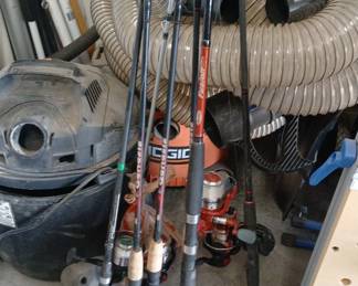 fishing rods and reels various types of rods and reels, including spinning rods and a baitcasting rod. 