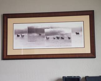 framed, panoramic black and white photograph  of running Horses