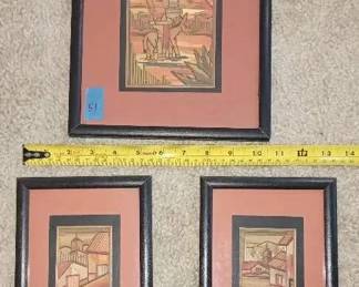 LC051Petite lot of 3 bamboo framed art