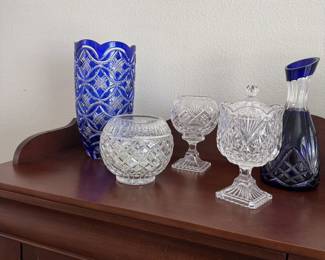 Cobalt Blue Clear Cut Vase and Decanter with Rose Bowls