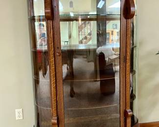 VINTAGE OAK BOWFRONT CURIO CABINET