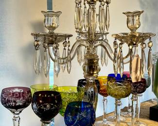 Crystal Candelabra and Cut Colored Stemware