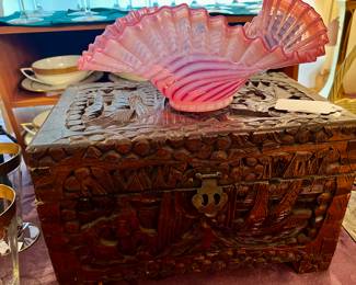 Asian Style Carved Chest and Art glass Brides Bowl
