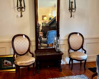 Antique Hall Tree Flanked Antique Balloon Back Chairs