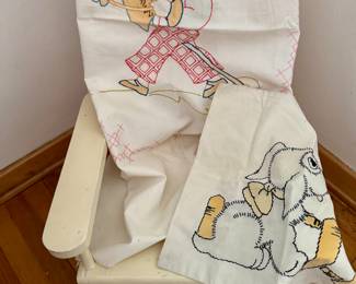 Rocking Chair & Antique Needlepoint Linen Wall Hangings