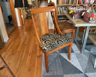 Ethan Allen wooden dining room chair with a damask print fabric. $45 each + tax. Set of 2