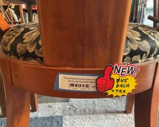 Ethan Allen wooden dining room chair with a damask print fabric. $45 each + tax. Set of 2