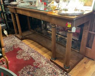 Empire style burl walnut console table with mirrored back $500 + tax