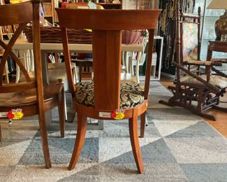 Ethan Allen wooden dining room chair with a damask print fabric. $45 each + tax. Set of 2