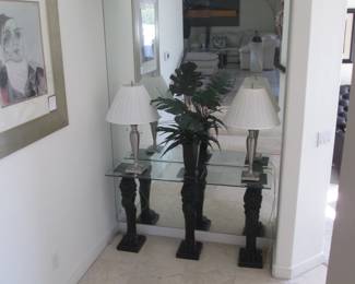 3-Carved Pedestal Console Table, Glass Top, 52" X 16"