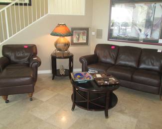 Leather 84" Sofa, Chair & Ottoman By Natuzzi.                 34" CoffeeTable + End Table