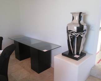 Console Table, Glass Top & Pedestal Bases, 80" x 23".    32" Japanese Raku Vase, Crazed Finish By McCracken Ceramics, California