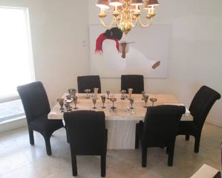 Travertine Dining Table, Pedestal Base & Rough-Hewn Edges, 80" X 40".                                                                                                     6-Parson's Style Side Chairs, Detailed Black Fabric