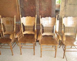 4-Hoosier-Style Arm Chairs, Wood Carved Backs