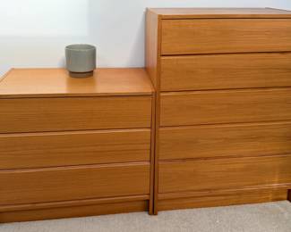 MCM Style Danish Dressers Featuring a Five Drawer Highboy Chest and a Lowboy Three Drawer Chest
