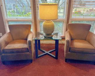 Two Beige Upholstered Accent Chairs by Crate and Barrel