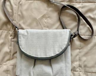 Thirty-One, Grey Pin Dots Fabric Crossbody Bag with Brown Adjustable Strap