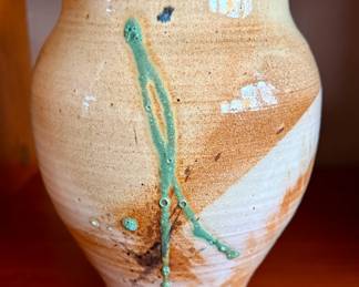 Beige, Brown, and White Glazed Finish Pottery Vase with a Green Drip Accent