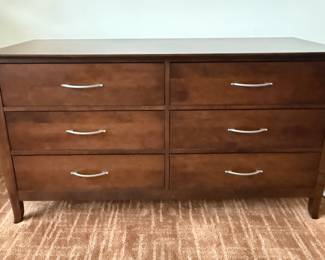 Baronet of Canada Modern Six-Drawer Dresser with a Medium Wood Finish, Arched Feet and Metal Pulls