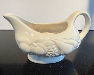 White, Embossed Fruit and Grape Cluster Design, Ceramic Gravy Boat from the "Nature" Collection by Tabletops Unlimited