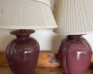 Vintage Mauve/Oxblood Ceramic Ginger Jar Table Lamps with Pleated Shades