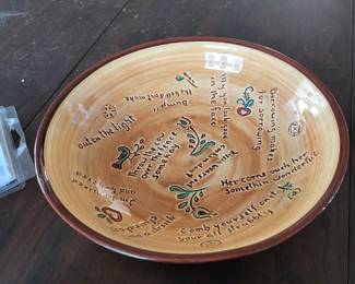 vintage Pennsbury Pottery serving bowl decorated with Pennsylvania Dutch Amish folk art sayings. 