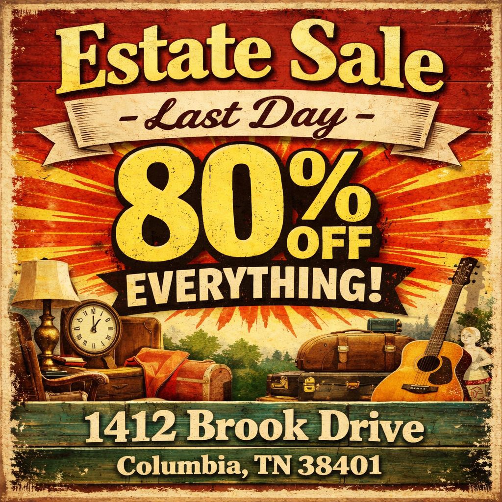 Wonderful Columbia Spring Hill Estate Sale located in a 3,000+ sqft home located off Hwy 31 — Columba, TN — Ladies & Men's Clothing, Hello Kitty, Christmas, Collectibles — Only minutes from Nashville Tennessee, Franklin, Cools Springs, Bellevue, Gallatin, Liepers Fork, Old Hickory, Oak Hill, Forest Hills, Belle Meade, Green Hills, Governors Club, Thompson Station, Nolensville, Spring Hill, Columbia, Murfreesboro, Smyrna, Berry Hill.