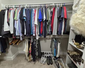 closet full of clothing, shoes, and hats
