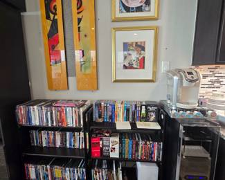MCM (mid-century modern) wall art and framed pictures, CDs, DVDs, cassettes, VCR tapes and more!  Kourig coffee machine, and space-saving wine fridge.  