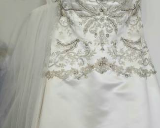 Casablanca beaded bridal dress with train, veil, and headband 